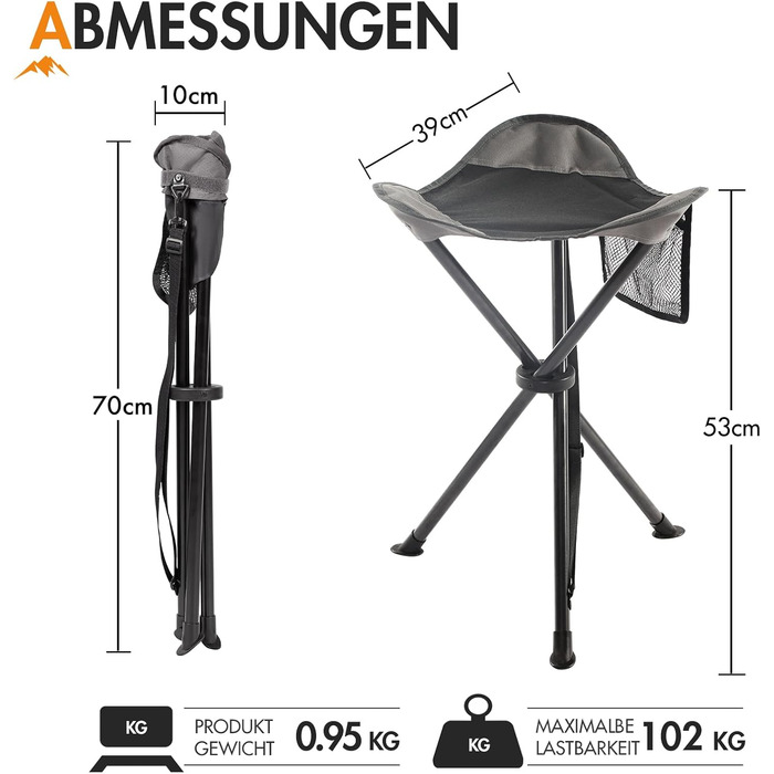 Складний туристичний стільчик з кишенею для риболовлі, кемпінгу та пікніків. Чорний, 53.3 см, до 102 кг.