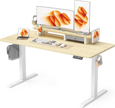 Electric Standing Desk with Drawers - Adjustable Height Desk for Home Office & Business - Monitor Stand & Phone Holder - 140x60cm Oak Finish