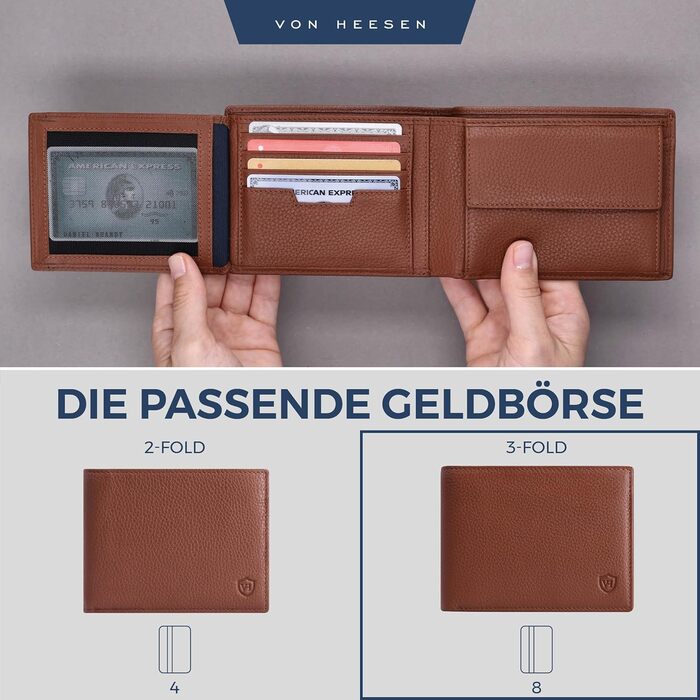 VON HEESEN Leather Wallet for Men with RFID Protection | Real Leather Wallet for Men | Coin Purse, Portemonnaie, Wallet, Brieftasche, Portmonee (Cognac Brown)