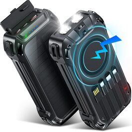 Портативний зарядний акумулятор 26800mAh з сонячною панеллю, 30W PD, 15W Wireless, 3 порти, ліхтарик, для телефонів та планшетів, чорний