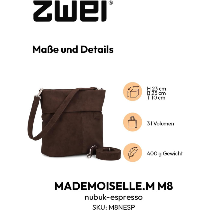 Сумка жіноча Zwei Damen Mademoiselle.M M8 крос-боді з екошкіри (Нубук-еспресо) з потайною кишенею та основним відділенням на блискавці, з коротким та довгим знімним ремінцем