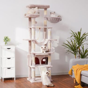Багатоповерховий котячий будиночок Heybly Kratzbaum HCT033G, бежевий, 200 см, з 11 стовпчиками для шліфування, платформами, гамаком, печерою та іграшками