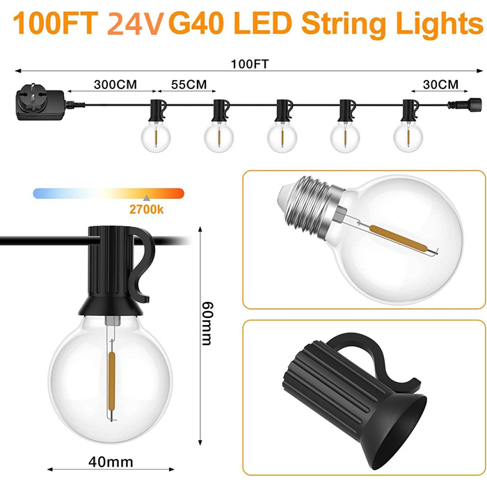 Ланцюжок гірлянд з лампочками 30м, 50+2 LED, IP45, тепле світло для саду, тераси, святкування