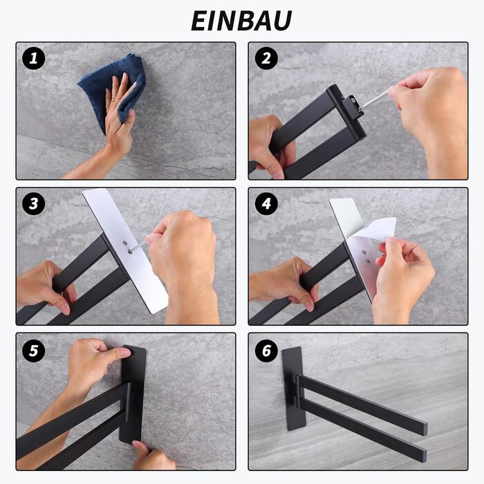 Підвісний тримач для рушників ZUNTO, 2 шт., поворотний 180°, не потребує свердління, нержавіюча сталь 304, для ванної та кухні, сріблястий (матова чорна), 40.8 см