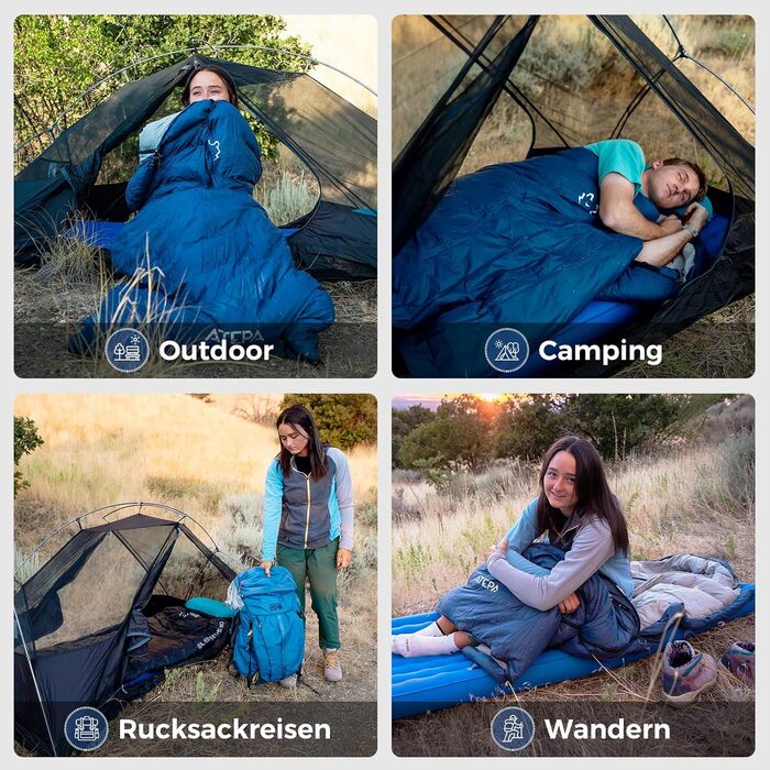 Спальний мішок ATEPA Elements Daunen 0°C, 3-в-1, ультралегкий, прямокутний, комфорт 4°C / ліміт -1°C, з компресійним мішком, для походів, кемпінгу та рюкзакових подорожей, Navy