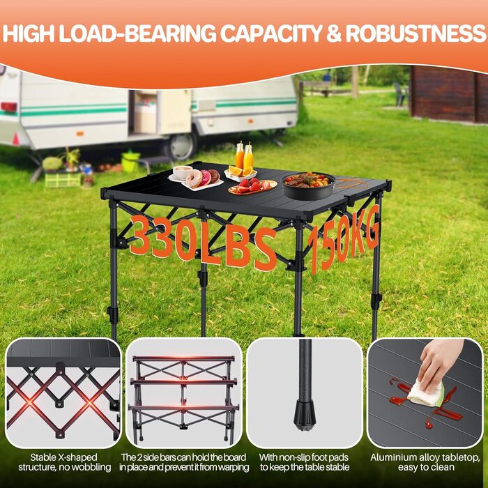 FUNYKICH Складаний столик для кемпінгу 82 x 40 см з регулюванням висоти (44/70 см), легкий та портативний, з сітчастою кишенею, алюмінієва розкладна стільниця для барбекю, кемпінгу, пікніка, саду