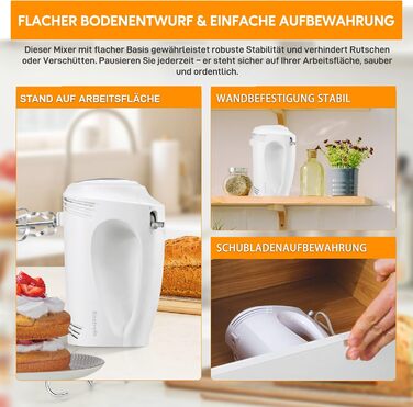 Міксер ручний 350 Вт, 5 швидкостей, з нержавіючої сталі (змішувач та гак для тіста), ергономічна ручка, довгий кабель, BPA-free – білий KS1 S1 білий