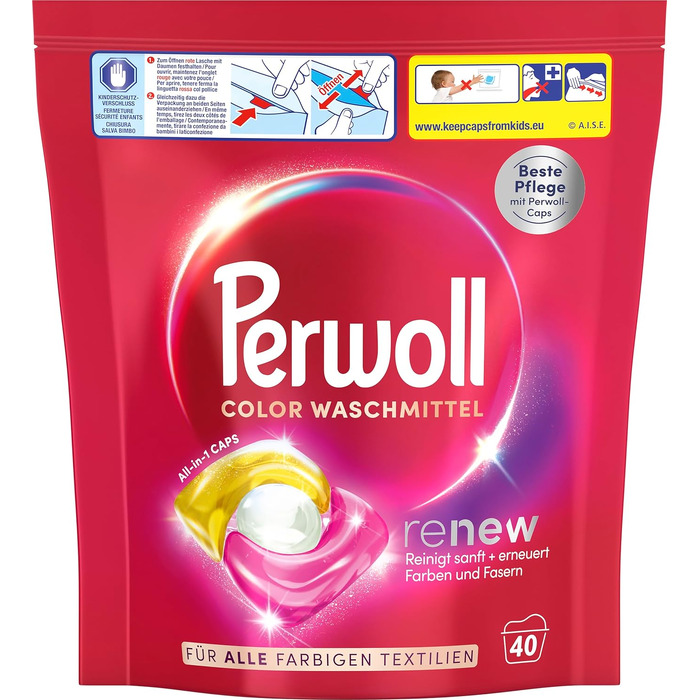 Капсули для прання кольорових речей Perwoll Renew Caps Color All-in-1, відновлення кольору та волокон, 80 прань (2 x 40 шт)