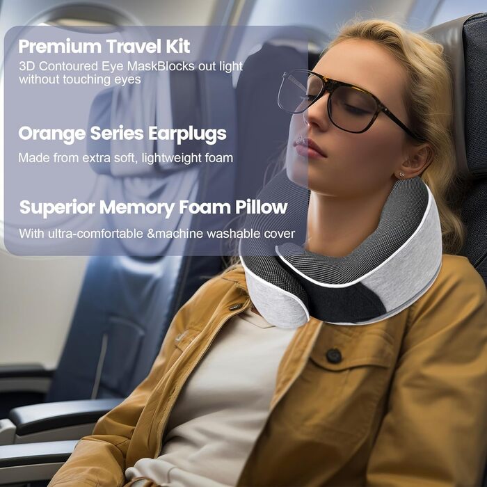 Подушка для шиї Memory Foam, ергономічна, з маскою для очей та навушниками, для подорожей