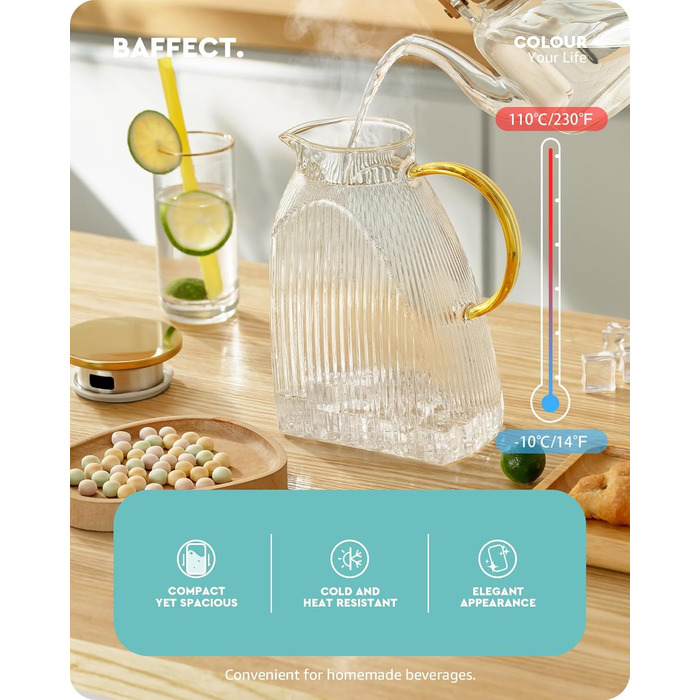 Baffect Carafe Glass with Lid, 1.8L/63oz Refrigerator Glass Carafe with Stainless Steel Lid, High Borosilicate Glass Carafe Pitcher for Hot or Cold Homemade Drinks