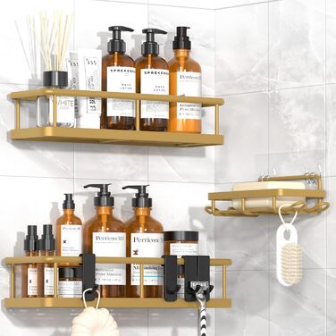 Поличка для душу YASONIC без свердління з мильницею - органайзер для ванної кімнати з нержавіючої сталі, швидковисихаюча поличка для душу, тримач для шампуню, 3 шт.