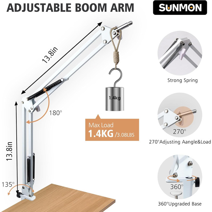 Підставка для мікрофона SUNMON для Fifine AM8, K688 PodMic, HyperX QuadCast, Blue Yeti, Shur MV7 – білий мікрофонний стійка