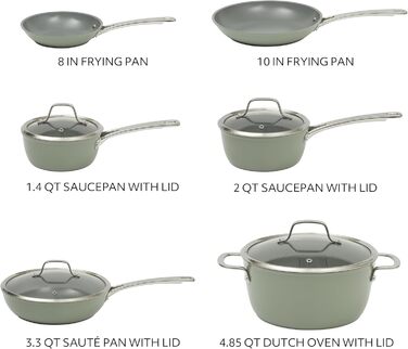 Набір кухонного посуду Sur La Table Kitchen Essentials, 13 предметів, керамічне покриття, антипригарне, для індукційних плит, знімний ручка, зелений