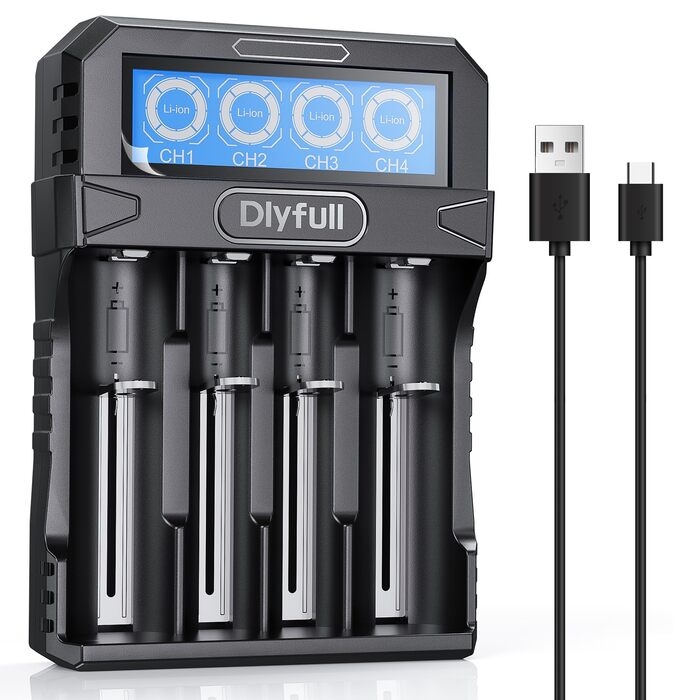 Зарядний пристрій Dlyfull 18650 Universal LCD для Li-ion акумуляторів 3.7V (18650, 21700, 26650, 22650, 20700, 16340, 14500) USB-C, 4 слоти