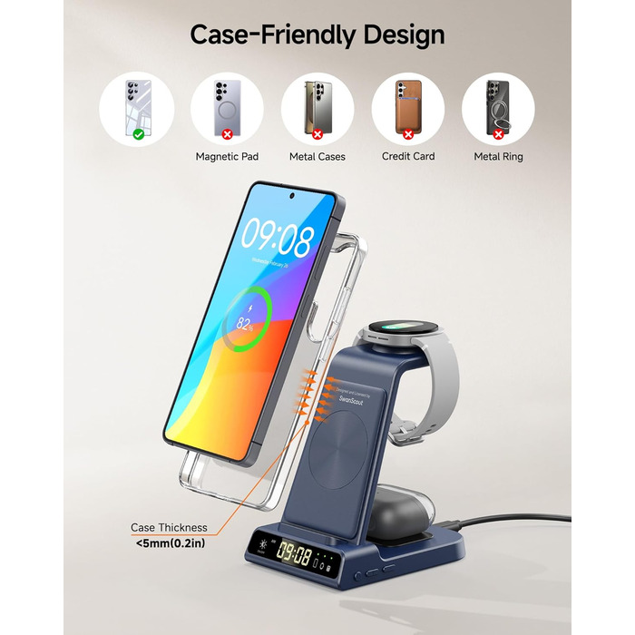 Бездротова зарядка 3-в-1 Samsung S26 Ultra/+/S26, Galaxy S25/S24/S23/Z Flip 7, Watch 8/8 Classic/7/Ultra/6/5, Buds4/4 Pro – Синій