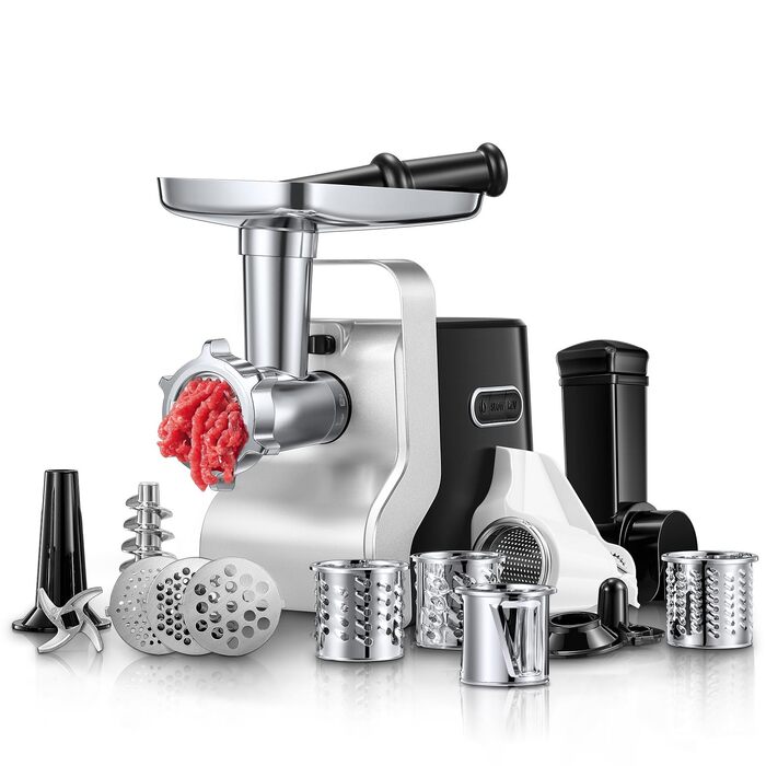 Електрична м'ясорубка 5 в 1, 700 Вт / 2800 Вт, нержавіюча сталь, насадки для ковбас та кубів, чорна