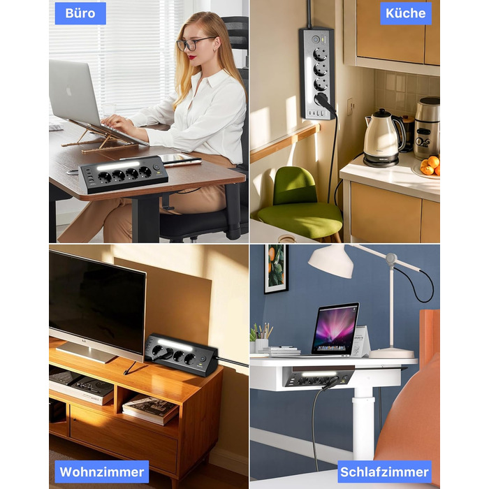 Кутова мережева розетка з USB та 2 Type-C, 4 слоти, з вимикачем, захист від перенапруги, LED, кабель 1.8м