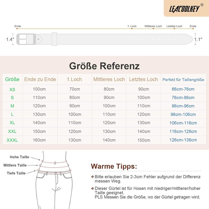 LEACOOLKEY: 2 жіночі шкіряні ремені з пряжкою Gold, для джинсів та штанів, чорний+бежевий, XXL, розмір 117-127 см