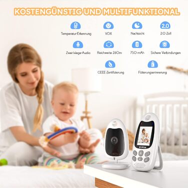 Дитячий відеомонітор BOIFUN з камерою, нічним баченням, датчиком температури та двостороннім зв'язком. 720p, 2.4 GHz, тривалий час роботи від акумулятора.