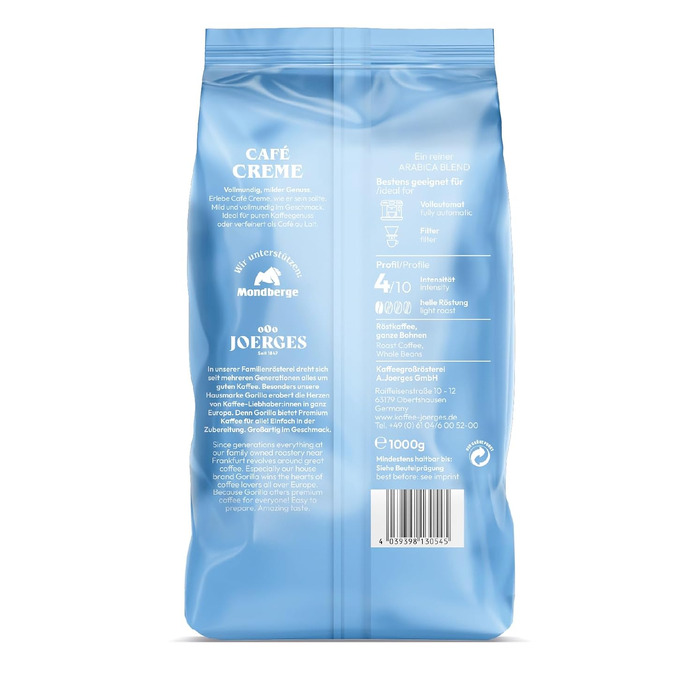 Кава в зернах Joerges Gorilla Café Creme, класична, 1 кг (набір 2 упаковки)