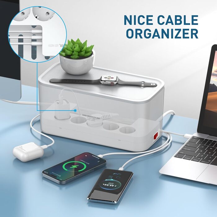 Мережевий фільтр із кабельною коробкою: 5 розеток, 3 USB-порти, органайзер для кабелів, білий кабель 2м