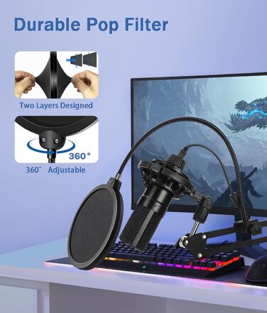 Підставка для мікрофона BILIONE з поп-фільтром та амортизатором, регульована, з адаптерами