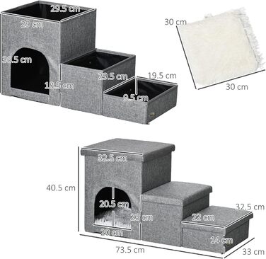 PawHut Сходинка для собак та котів, 3-ступенева з будиночком та 2 ящиками для зберігання, універсальна для дивану, сіра, знімний чохол