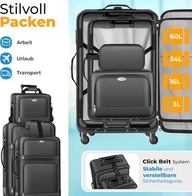 Набір валіз KESSER® 4-в-1 | Тріумф у подорожах: комплект з валізи-тролі, тканинної валізи, косметички та великої валізи для бізнесу та подорожей | Антрацит
