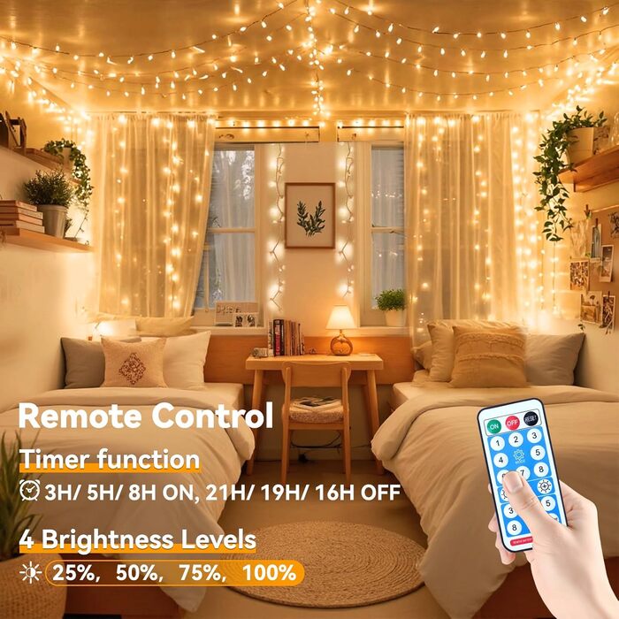 Льодосвітна гірлянда на батарейках, 10м, 100 LED, вологостійка IP44, 8 режимів, з пультом, таймер, для декору саду, вечірки, Нового року