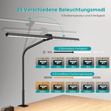 LED лампа для столу Doppelkopf 24W, 80см, диммування, захист очей, 5 кольорів, 5 рівнів яскравості, з пультом, для офісу та дому (чорна)