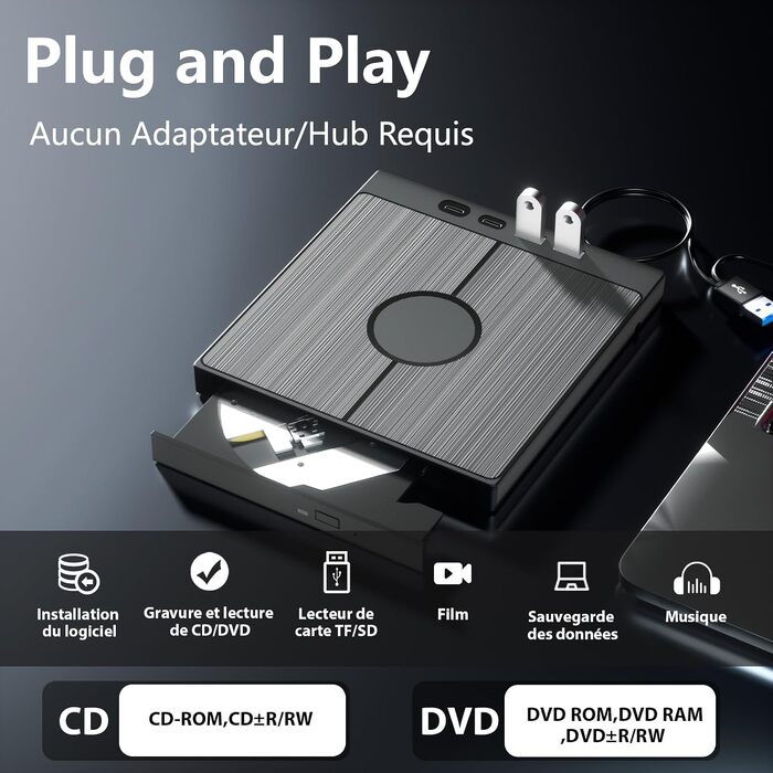 Зовнішній CD/DVD-привід для ПК USB 3.0 Type-C з 4 USB-портами та картридером SD/TF, тонкий багатофункціональний DVD-RW накопичувач для Windows 11/10/8/7/XP