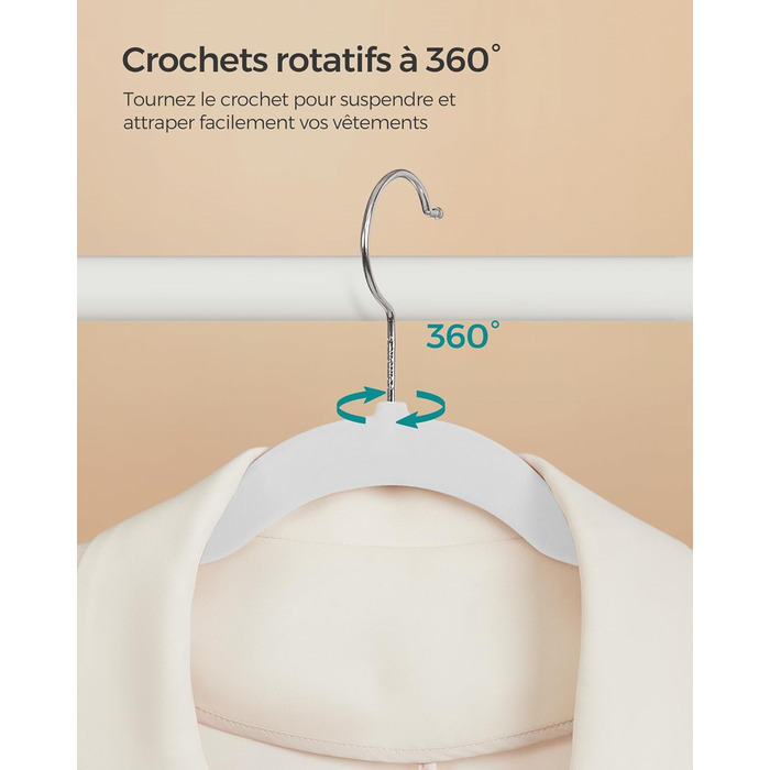 SONGMICS Плечики для одягу з оксамиту, 20 шт., для сорочок, жакеток, пальто та костюмів, білі, 41,5 см, обертаються на 360°