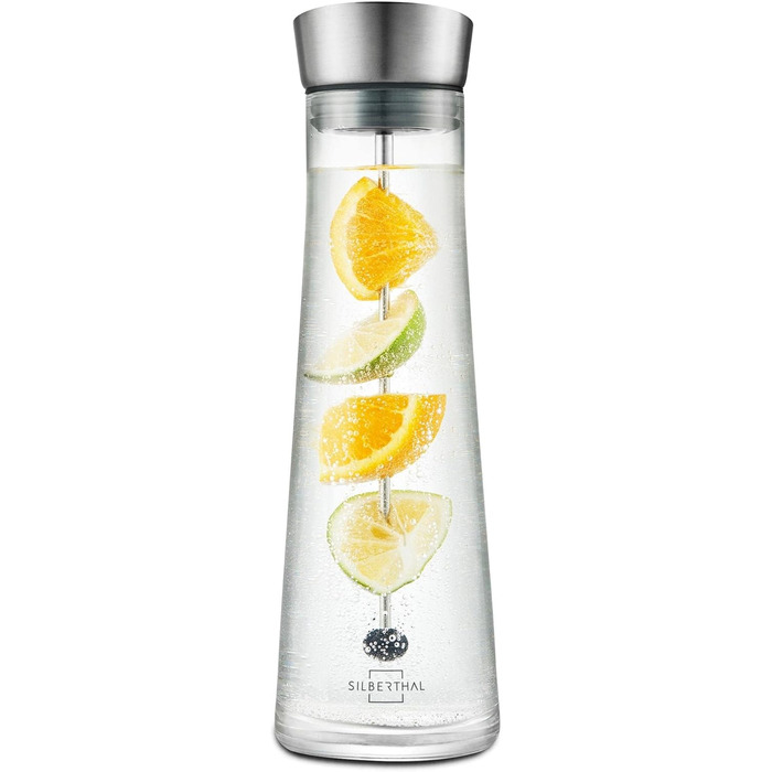 Glass giraffe carafe with lid and fruit skewer - stainless steel lid opens with a tilt - water carafe with fruit strainer, transparent