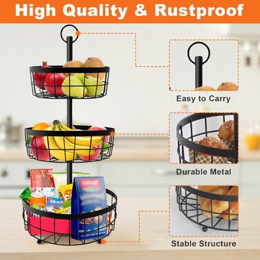 Металева фруктова етажерка Yiomxhi 3 ящики, чорна – для зберігання фруктів, овочів, хліба та закусок