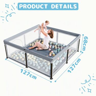 Манеж для малюка з матрацом 127×127 см, складаний, для дому та вулиці, з 50 океанічними кульками (синій)