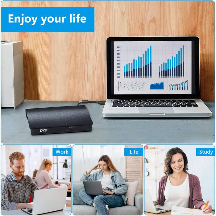 Зовнішній CD/DVD привід BEVA USB 3.0 Type-C, портативний DVD-записувач та зчитувач (DVD/CD-RW), Plug and Play для ноутбука та ПК (Windows, macOS, Linux)