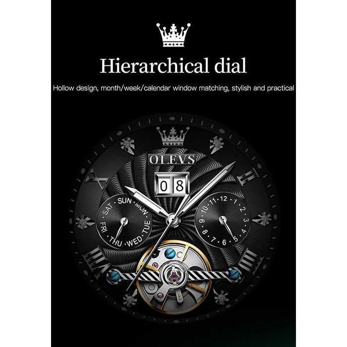 Чоловічий механічний годинник-скелетон OLEVS: автоматичний, з багатофункціональним календарем, водонепроникний, сталевий корпус (Сріблястий та Чорний)