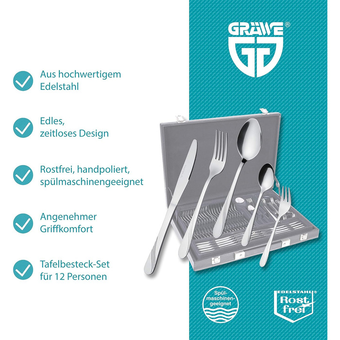 GRÄWE Cutlery Case for 12 People made of Stainless Steel, 60-Piece Cutlery Set, Nickel-Free, Rust-Proof, Hand-Polished, Dishwasher-Safe - Stralsund Series