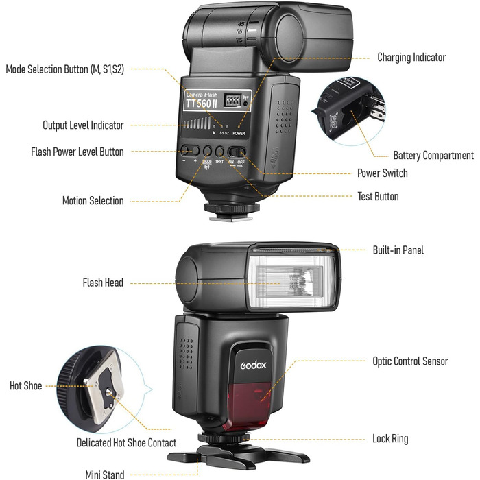 Спалахувач Godox TT560II для камери: універсальний, GN38, з бездротовим випромінювачем, сумісний з Canon, Sony, Nikon, Panasonic, Olympus, Pentax