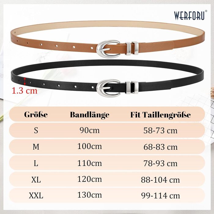 Жіночі шкіряні ремені WERFORU: 2 шт. у комплекті. Тонкі ремені для джинсів, штанів, суконь. Розміри: 78-93 см та 99-114 см (Чорний+коричневий)