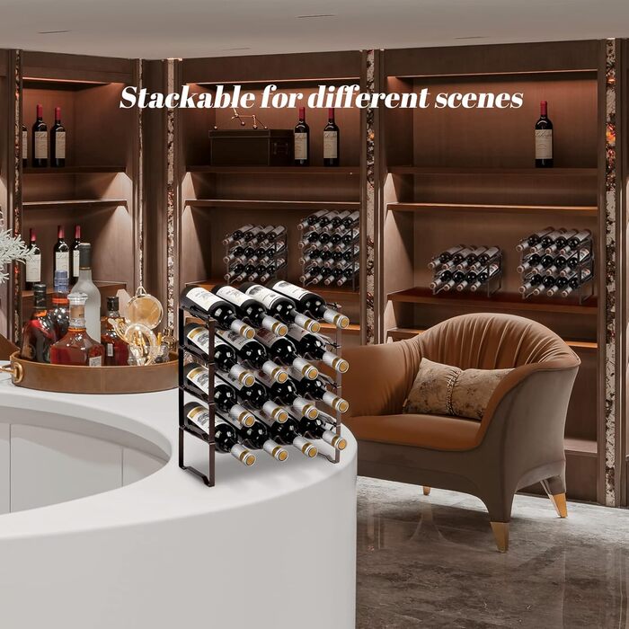 Metal wine rack, stackable bottle rack for 16 bottles, suitable for cellars, bars, and storage rooms. Stable, modular, and expandable bottle and wine storage (4 tiers)