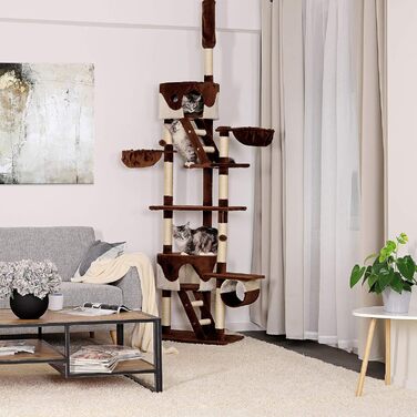 Котячий будиночок Lionto XXL з сизалю та плюшу: багатоярусний комплекс для котів з гамаком, тунелем та іграшками (колір: коричневий/бежевий, 230-250 см)