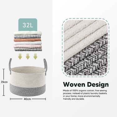 Rieeyrslza Laundry Basket for Blankets 32L Woven Laundry Collector Cotton Rope Basket Foldable Versatile Storage Basket with Handles Suitable for Living Room and Bedroom (Gray) Gray 40 x 25 Cm