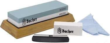 Преміум точильний камінь Bacher. Двосторонній, зернистість 400/1000. Точильний камінь для ножів з антиковзним бамбуковим блоком, для заточування ножів, з інструкцією. Зернистість 400/1000 (3000/8000)