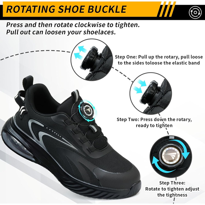 Черевики робочі чоловічі/жіночі, захисні, легкі, спортивні, дихаючі, на шнурках/з поворотним затвором, зі сталевим підноском, 47 EU, чорні