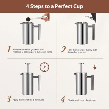 Make a French Press Coffee Maker, 1500 ml large insulated Cafetiere, double-walled insulated stainless steel, 3-stage filter system, French press for home, camping and office, Silver