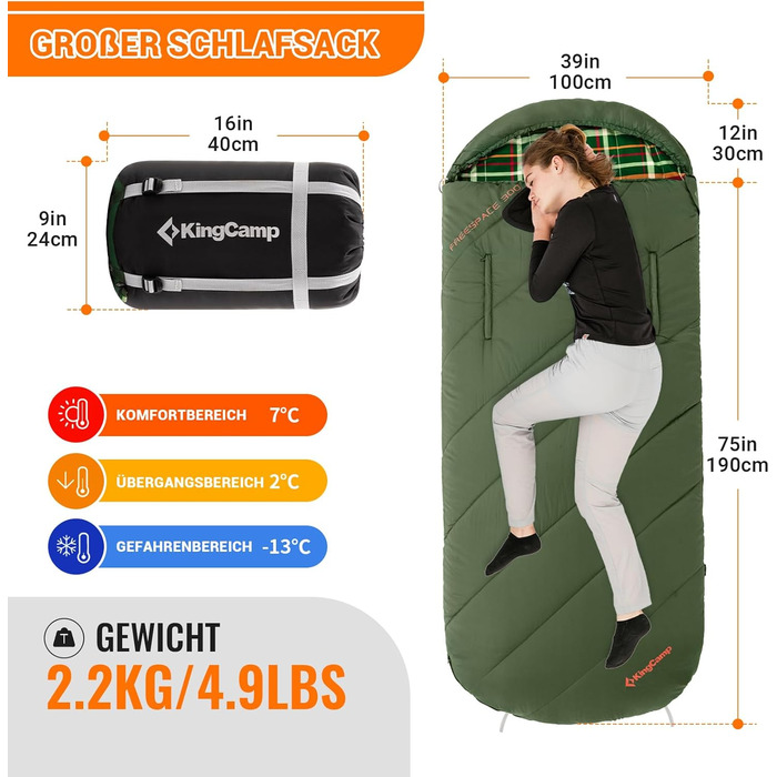 KingCamp XXL 3-Season Sleeping Bag - Oversized for Adults | Camping, Hiking, Backpacking & Travel