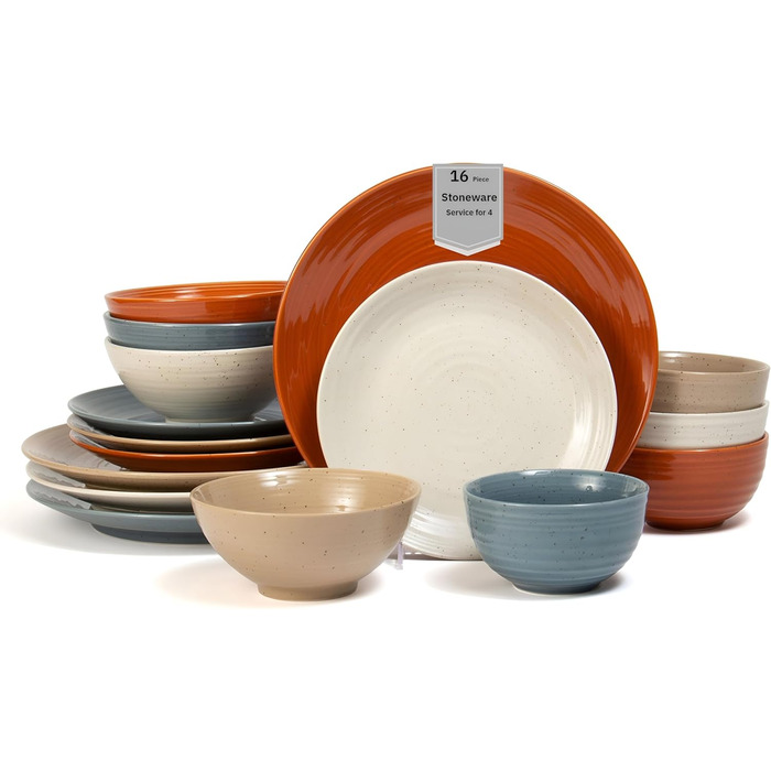 Набір посуду Sango Siterra (16 предметів) з кераміки: тарілки та миски, багатокольоровий