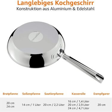 Amazon Basics Набір посуду 11 предметів, нержавіюча сталь, підходить для індукції, з кришками, сріблястий