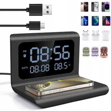 Годинник з бездротовою зарядкою для телефону, LED-дисплей, 15 Вт